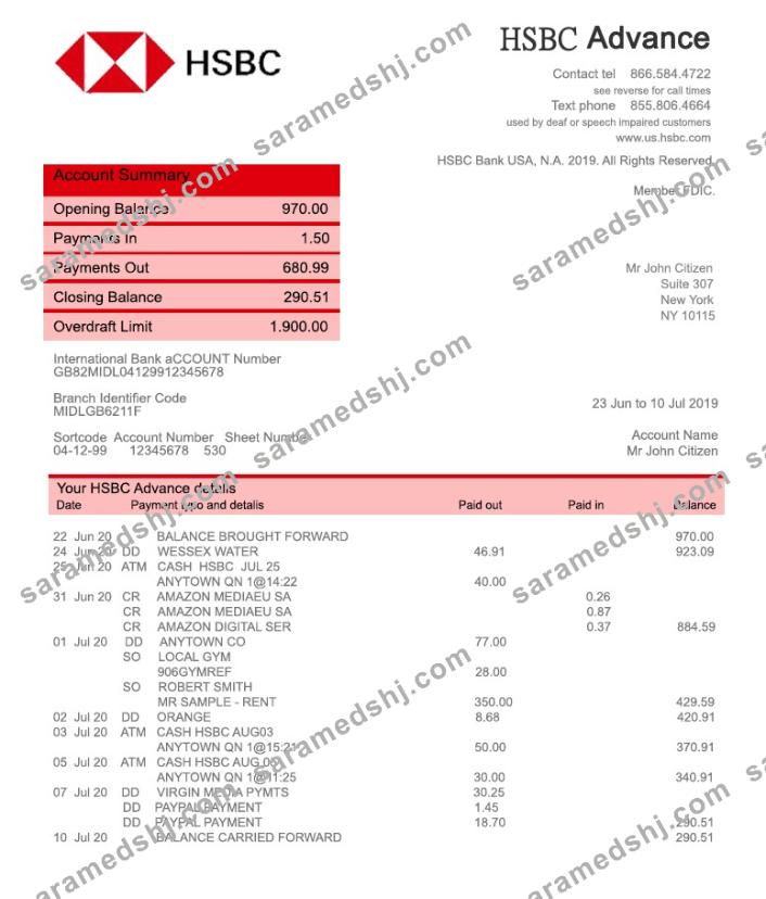 USA HSBC bank statement template, fully editable in PSD format